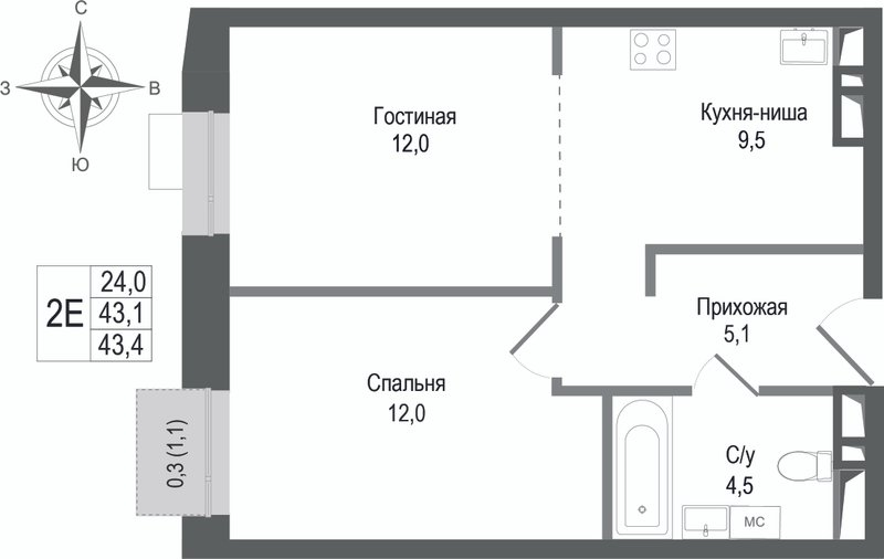 2 ккв (Евро) 43,1 м²