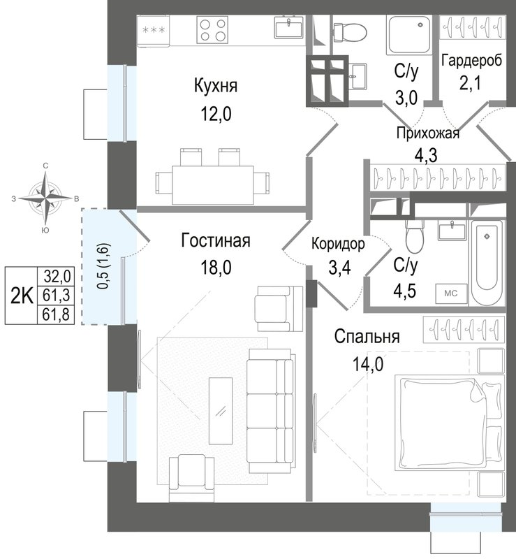 2 ккв 61,3 м²