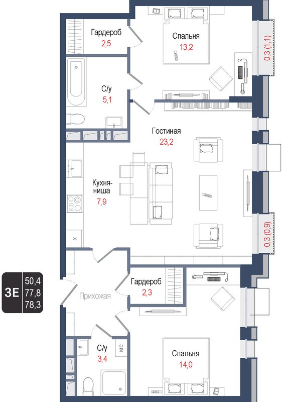 3 ккв (Евро) 77,8 м²