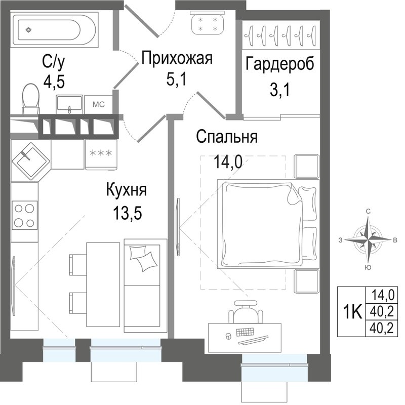 1 ккв 40,2 м²