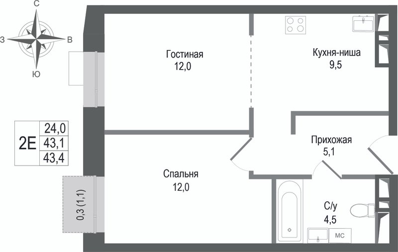 2 ккв (Евро) 43,1 м²