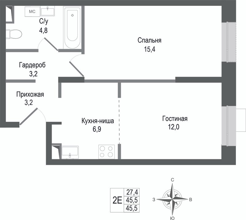 2 ккв (Евро) 45,5 м²