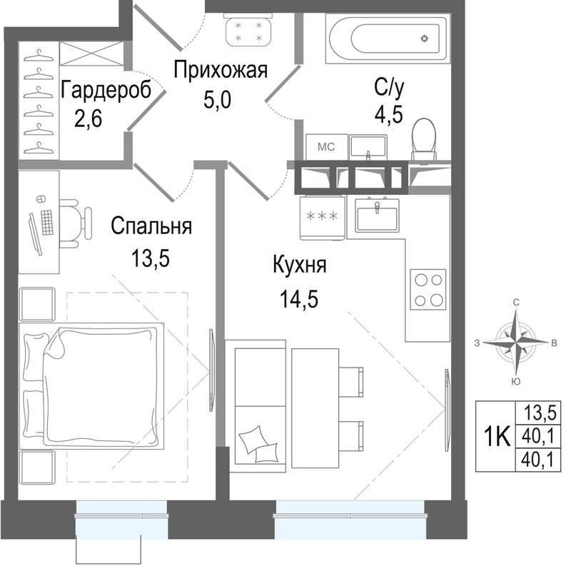 1 ккв 40,1 м²