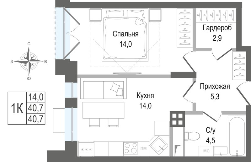 1 ккв 40,7 м²