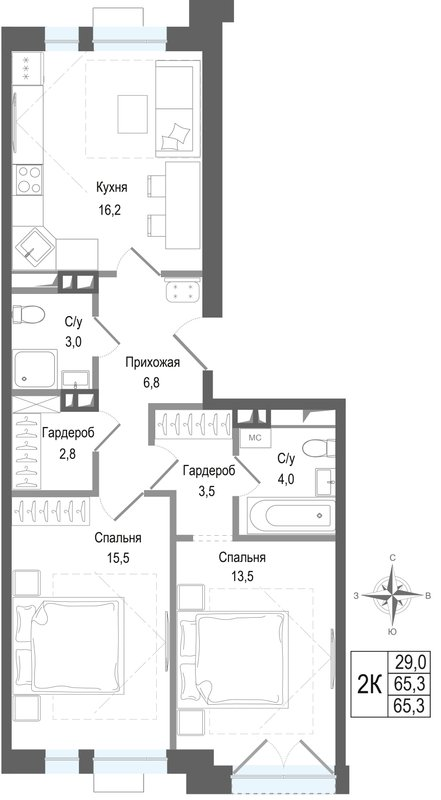 3 ккв (Евро) 65,3 м²
