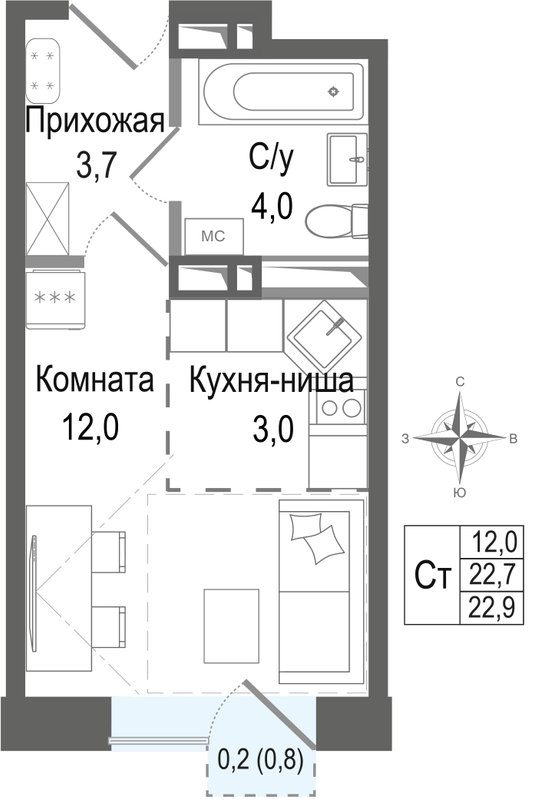 Студия 22,7 м²