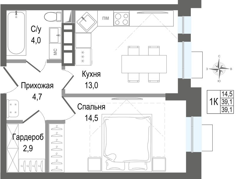 1 ккв 39,1 м²