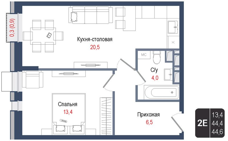 2 ккв (Евро) 44,4 м²