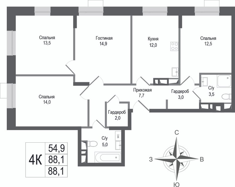 4 ккв 88,1 м²