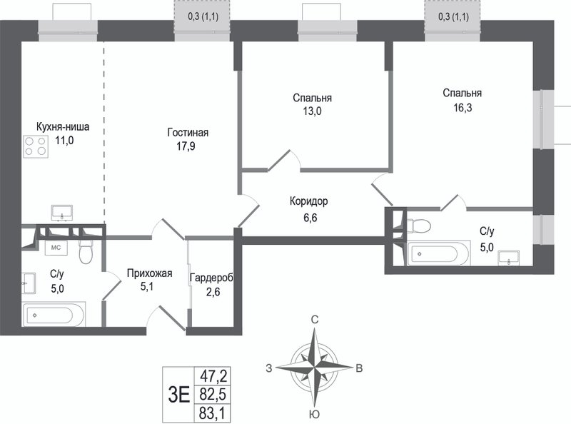 3 ккв (Евро) 82,5 м²