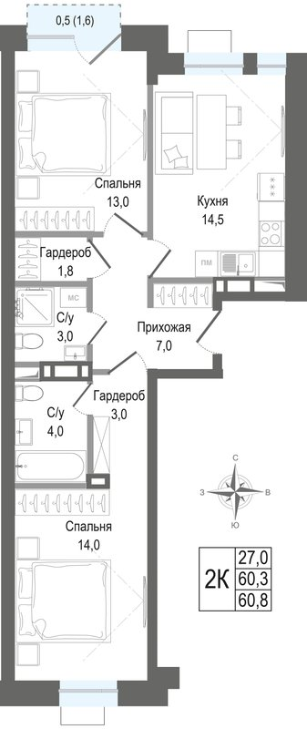 2 ккв 60,3 м²