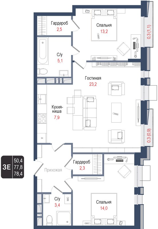 3 ккв (Евро) 77,8 м²