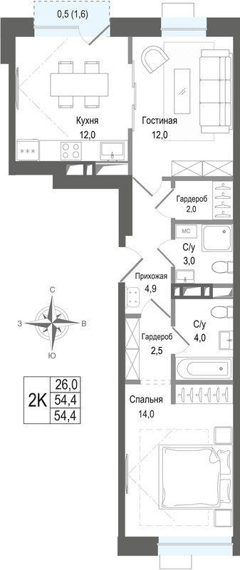 2 ккв 54,4 м²