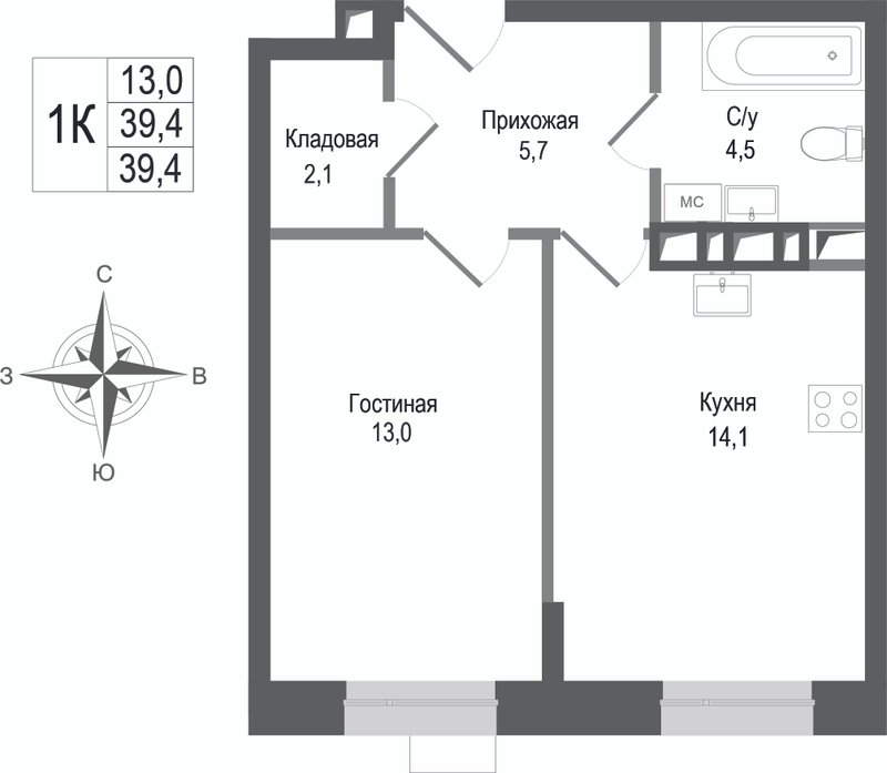 1 ккв 39,4 м²