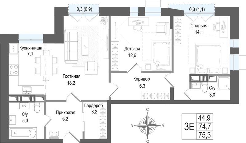3 ккв (Евро) 74,7 м²
