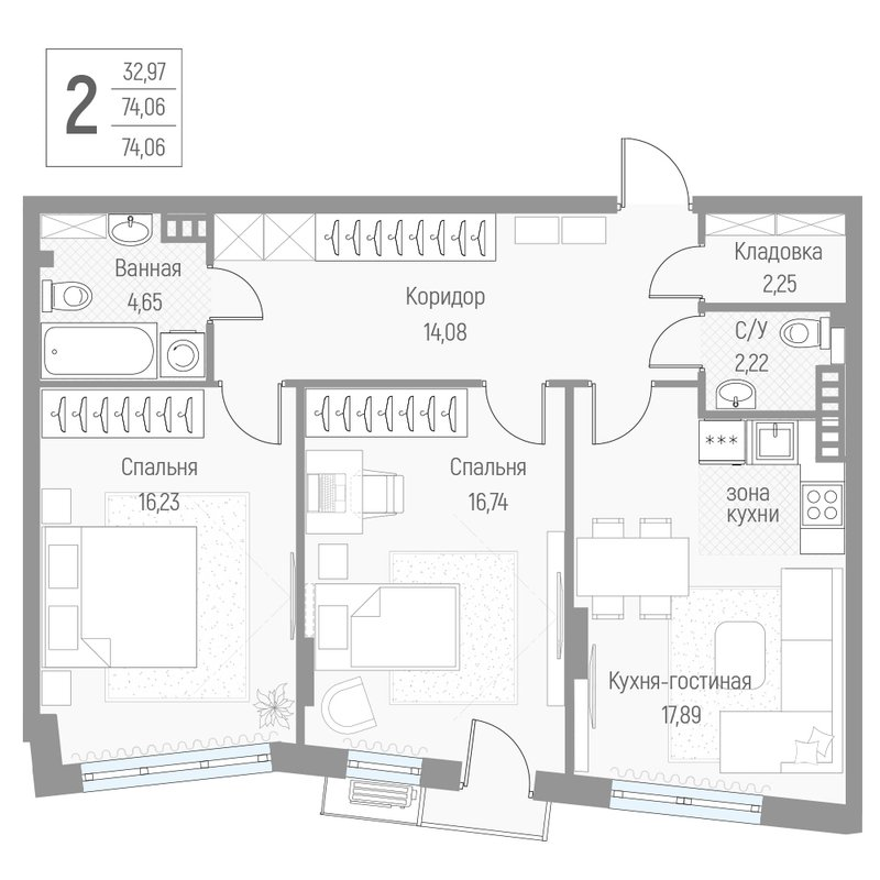 3 ккв (Евро) 74,1 м²