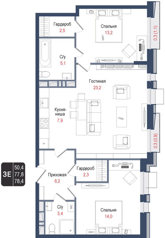 3 ккв (Евро) 77,8 м²