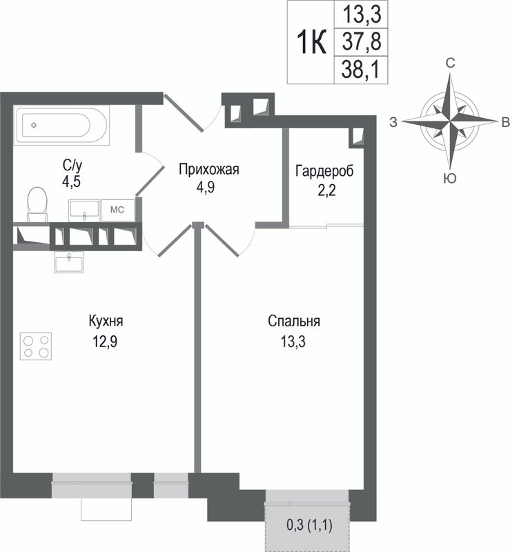1 ккв 37,8 м²