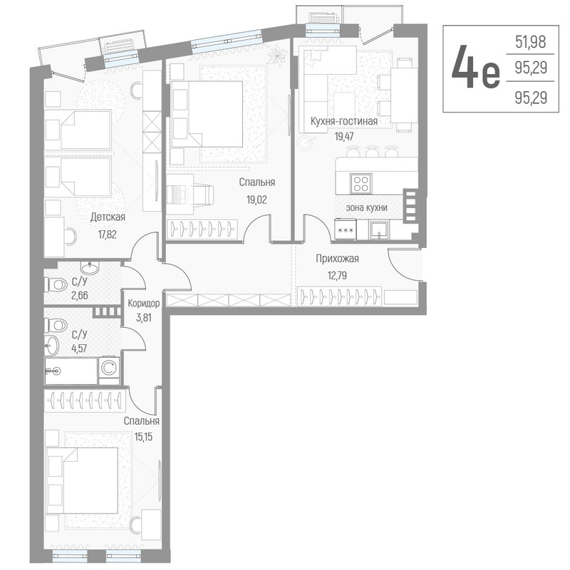 4 ккв (Евро) 95,4 м²