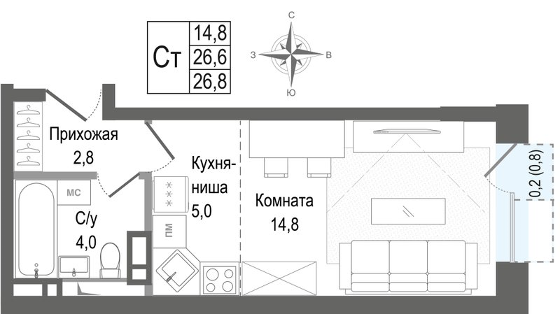 Студия 26,6 м²