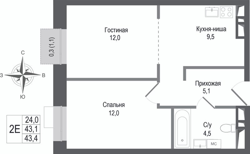 2 ккв (Евро) 43,1 м²