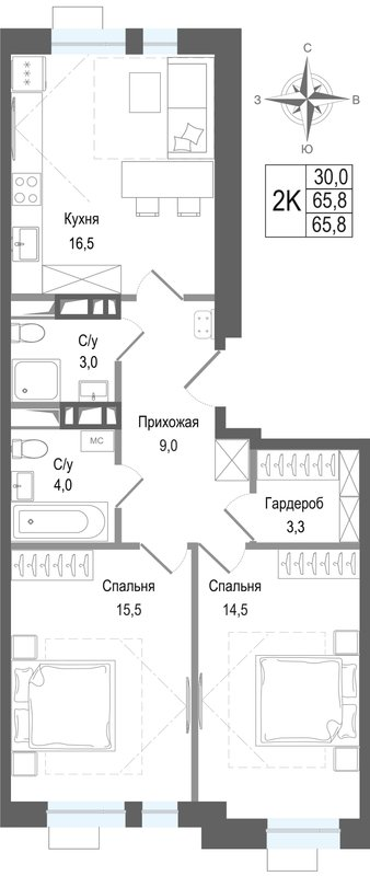 3 ккв (Евро) 65,8 м²