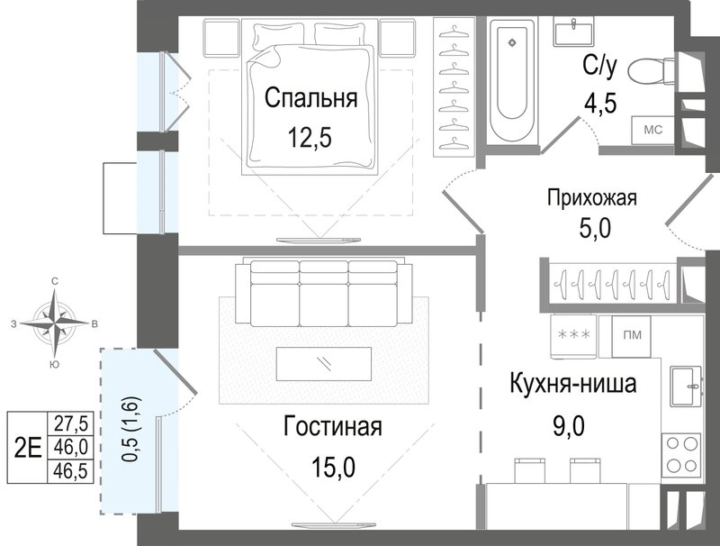 2 ккв (Евро) 46 м²