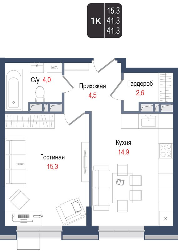 1 ккв 41,5 м²