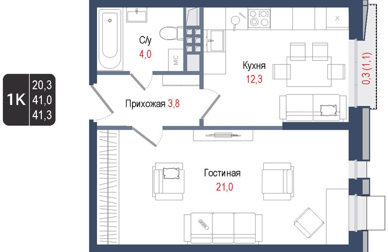 1 ккв 41,1 м²