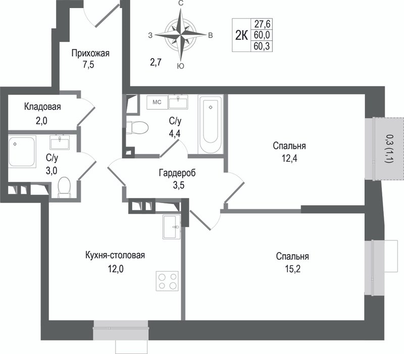 2 ккв 60 м²