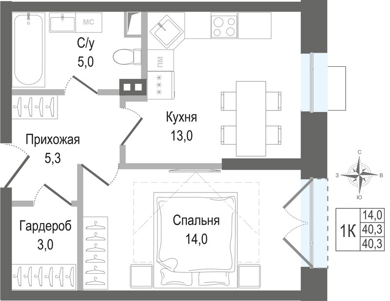 1 ккв 40,3 м²