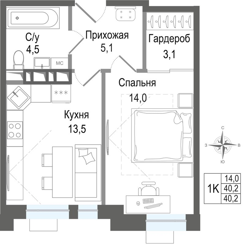 1 ккв 40,2 м²