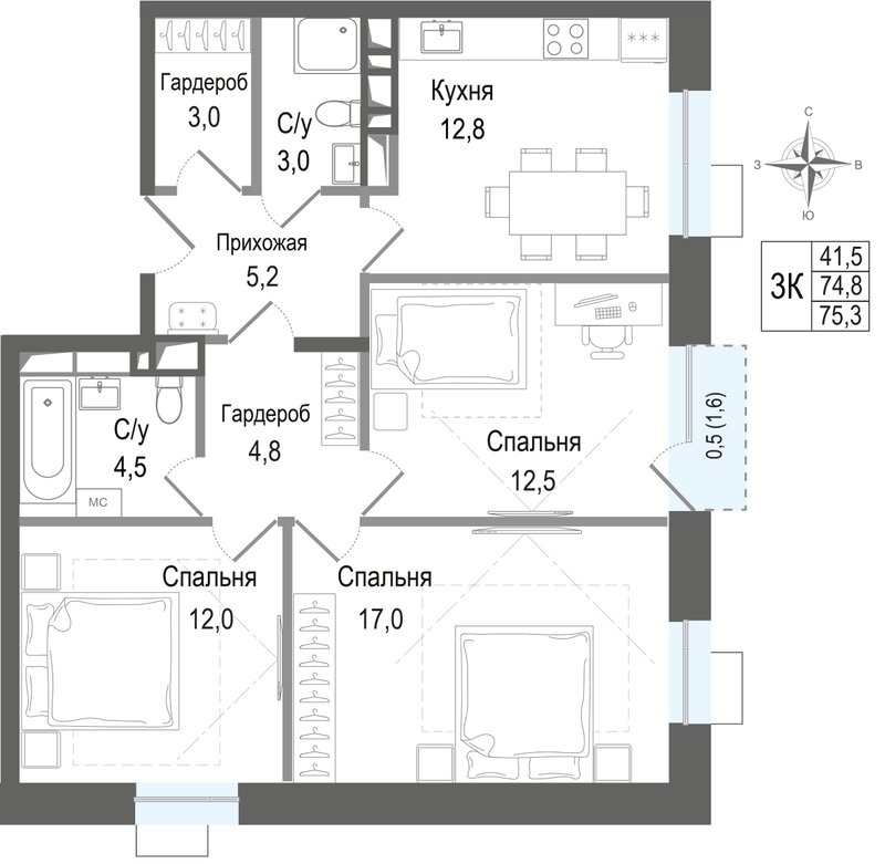 3 ккв 74,8 м²