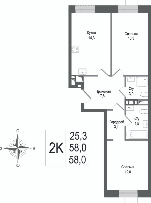 2 ккв 58 м²