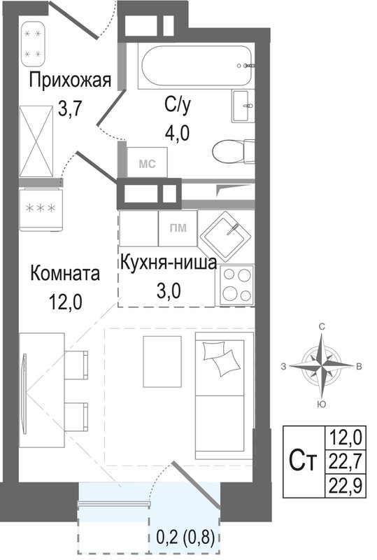 Студия 22,7 м²