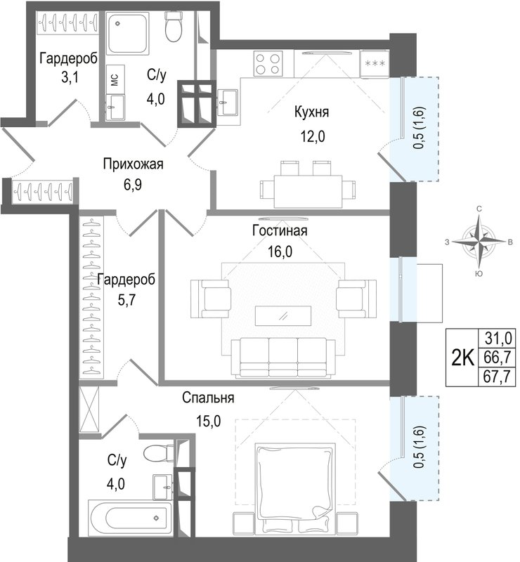 2 ккв 66,7 м²