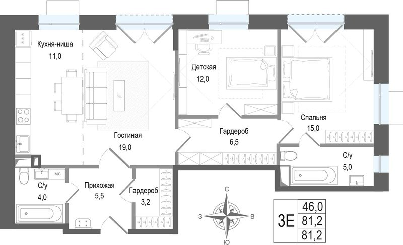 3 ккв (Евро) 81,2 м²