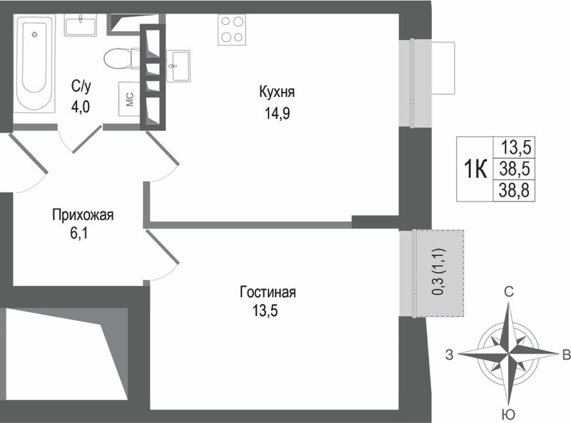 1 ккв 38,5 м²