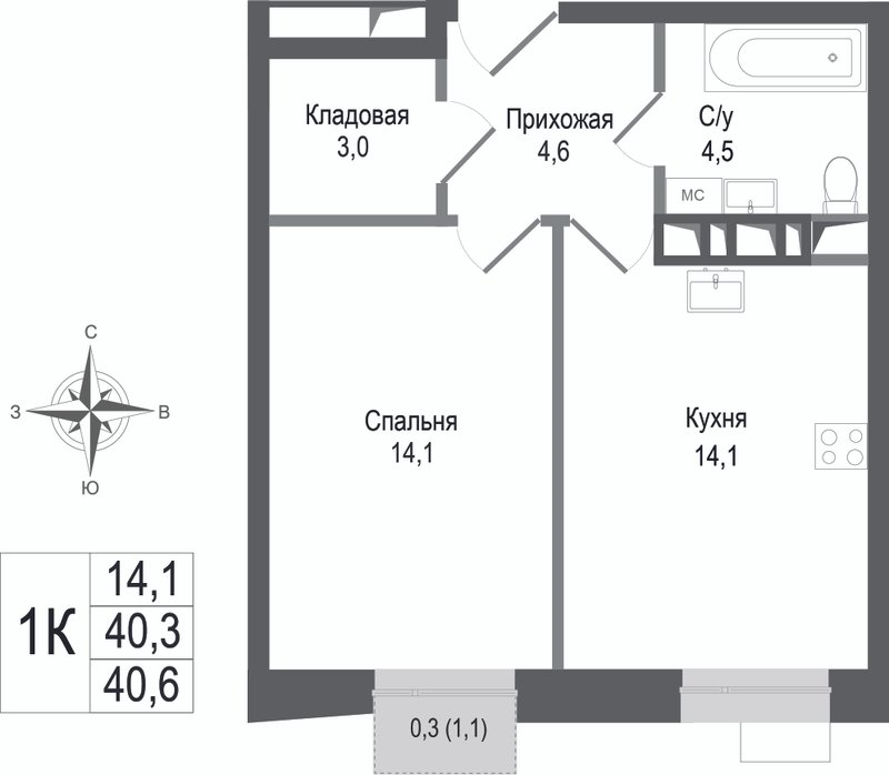 1 ккв 40,4 м²