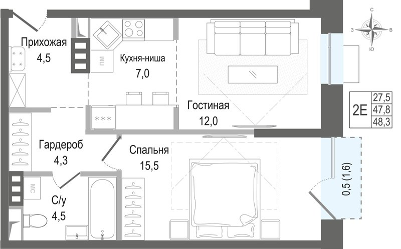2 ккв (Евро) 47,8 м²