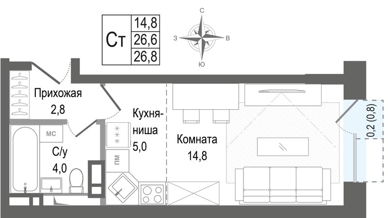 Студия 26,6 м²