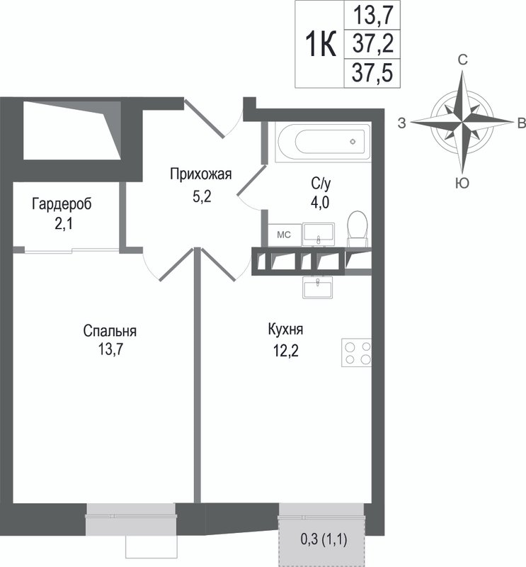1 ккв 37,2 м²