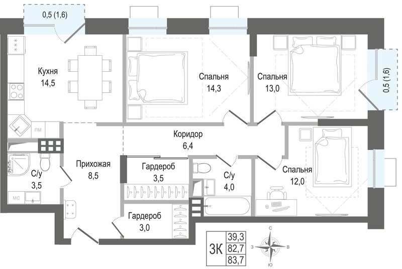 3 ккв 82,7 м²