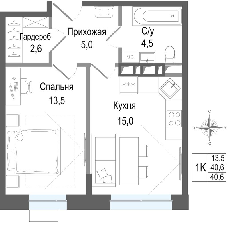 1 ккв 40,6 м²