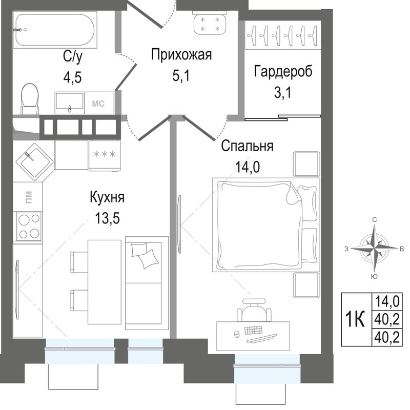 1 ккв 40,2 м²