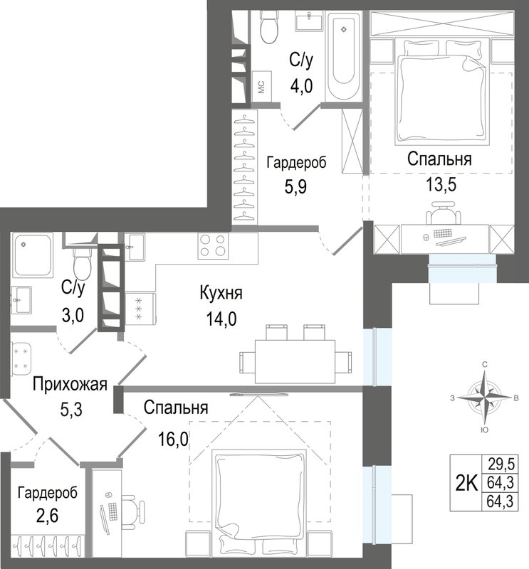 2 ккв 64,3 м²
