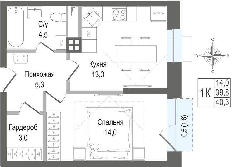 1 ккв 39,8 м²