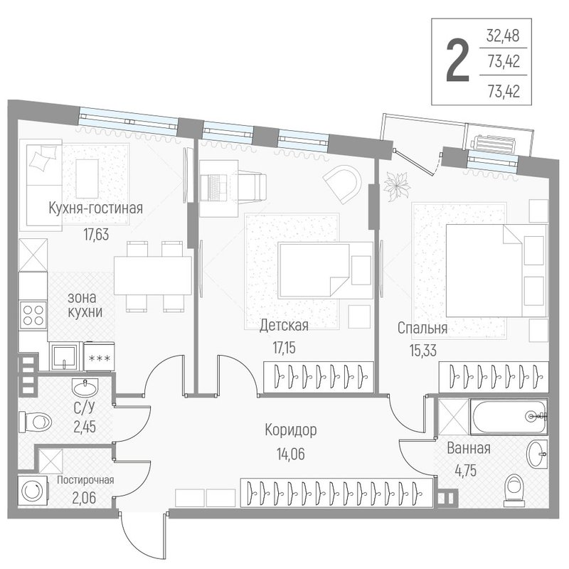 3 ккв (Евро) 73,6 м²