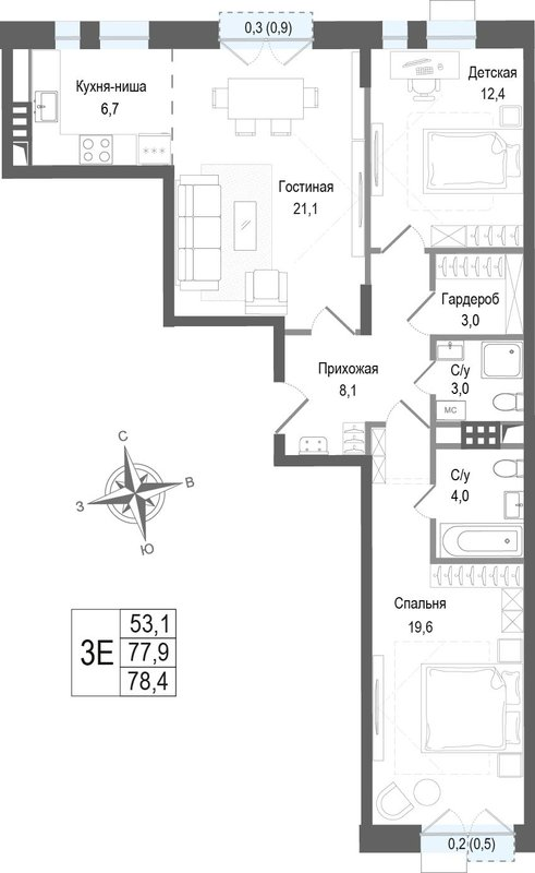 3 ккв (Евро) 77,9 м²