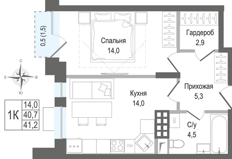 1 ккв 40,7 м²